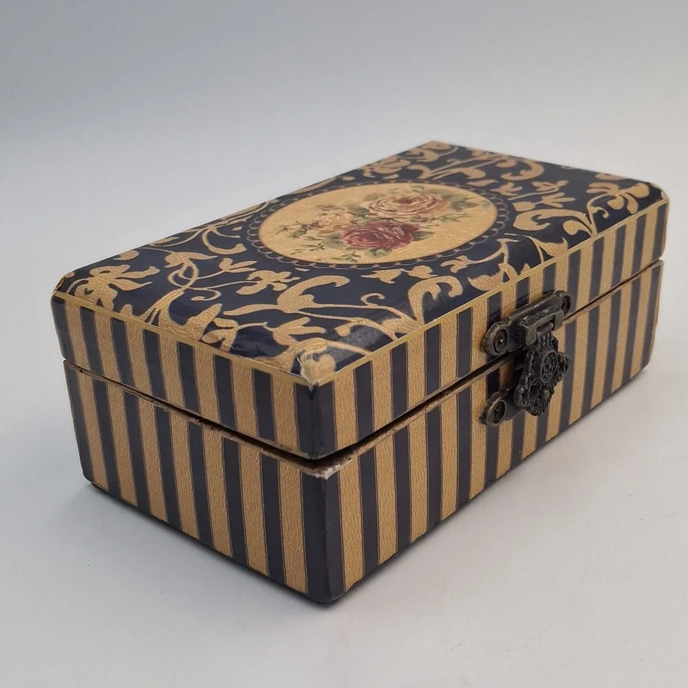 Vintage Small Wooden Jewelry Box Floral Rose Print Gold Foil Decoupage Latch